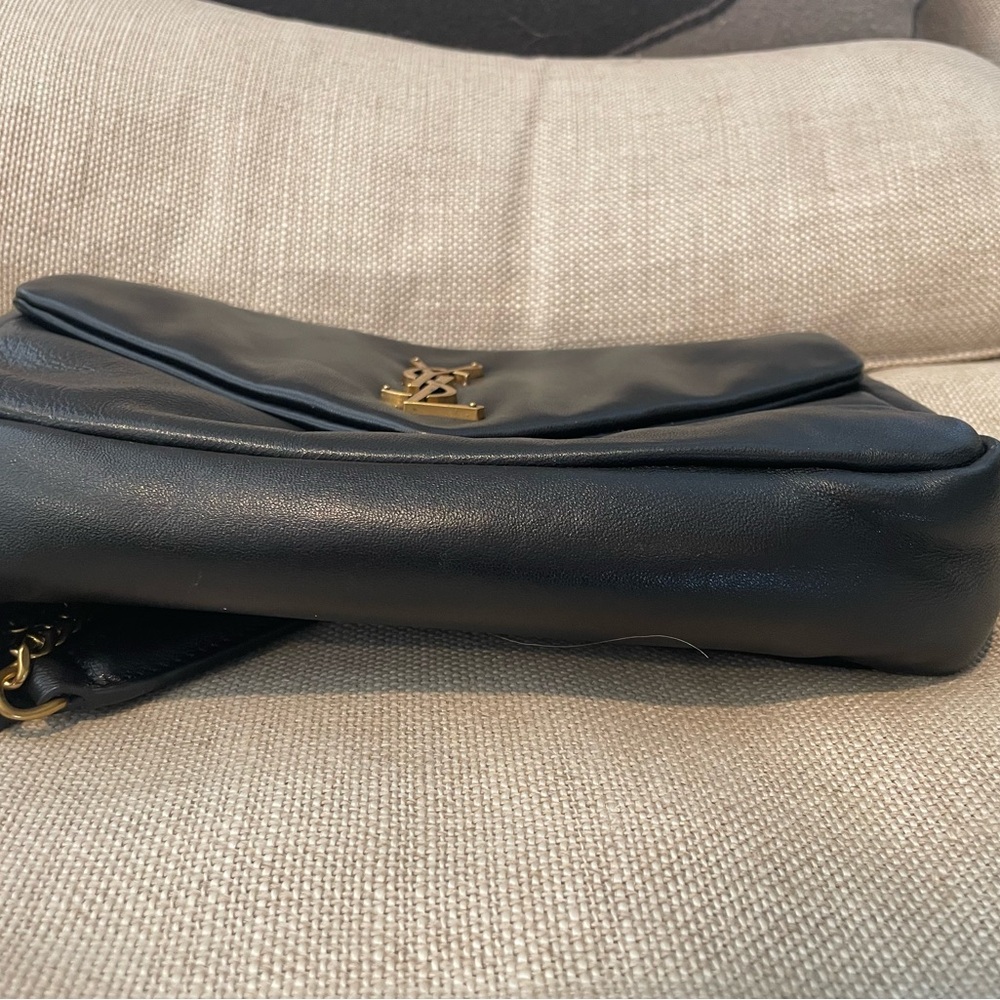 Black Leather Shoulder Bag with Gold Chain Straps